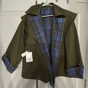 Olive Green Trench Coat with Blue Plaid Lining